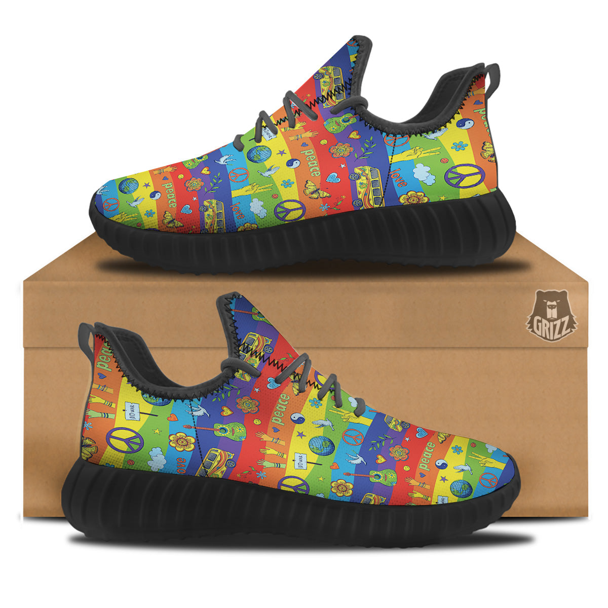 Hippie Drawing Psychedelic Wave Print Pattern Black Walking Shoes-grizzshop