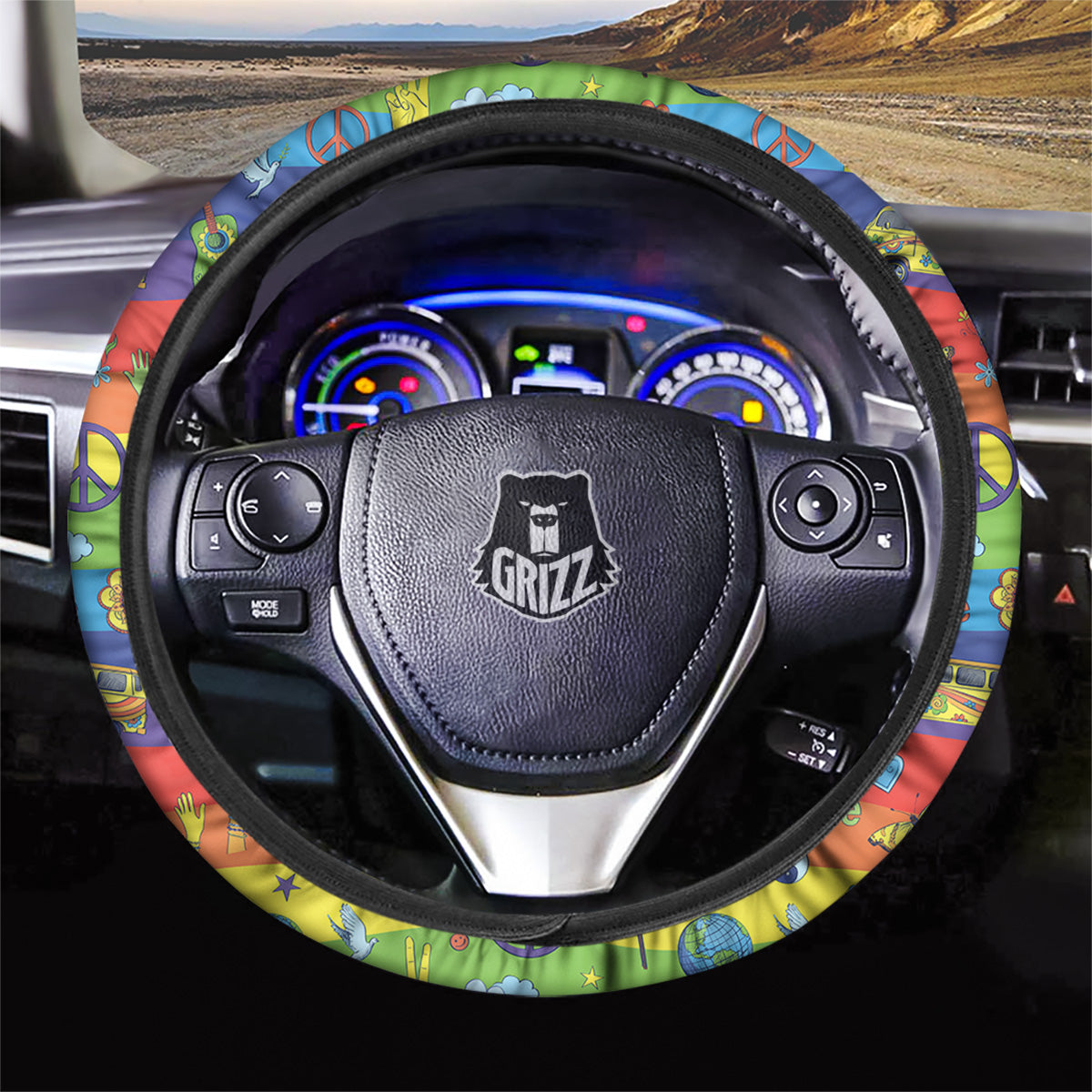 Hippie Drawing Psychedelic Wave Print Pattern Car Steering Wheel Cover-grizzshop