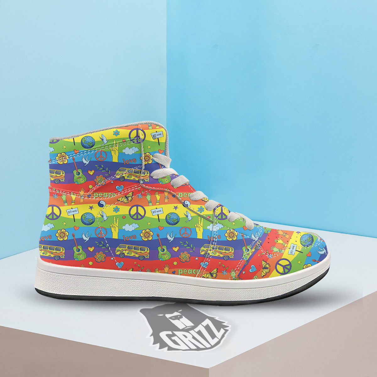 Hippie Drawing Psychedelic Wave Print Pattern High Top Sneakers-grizzshop
