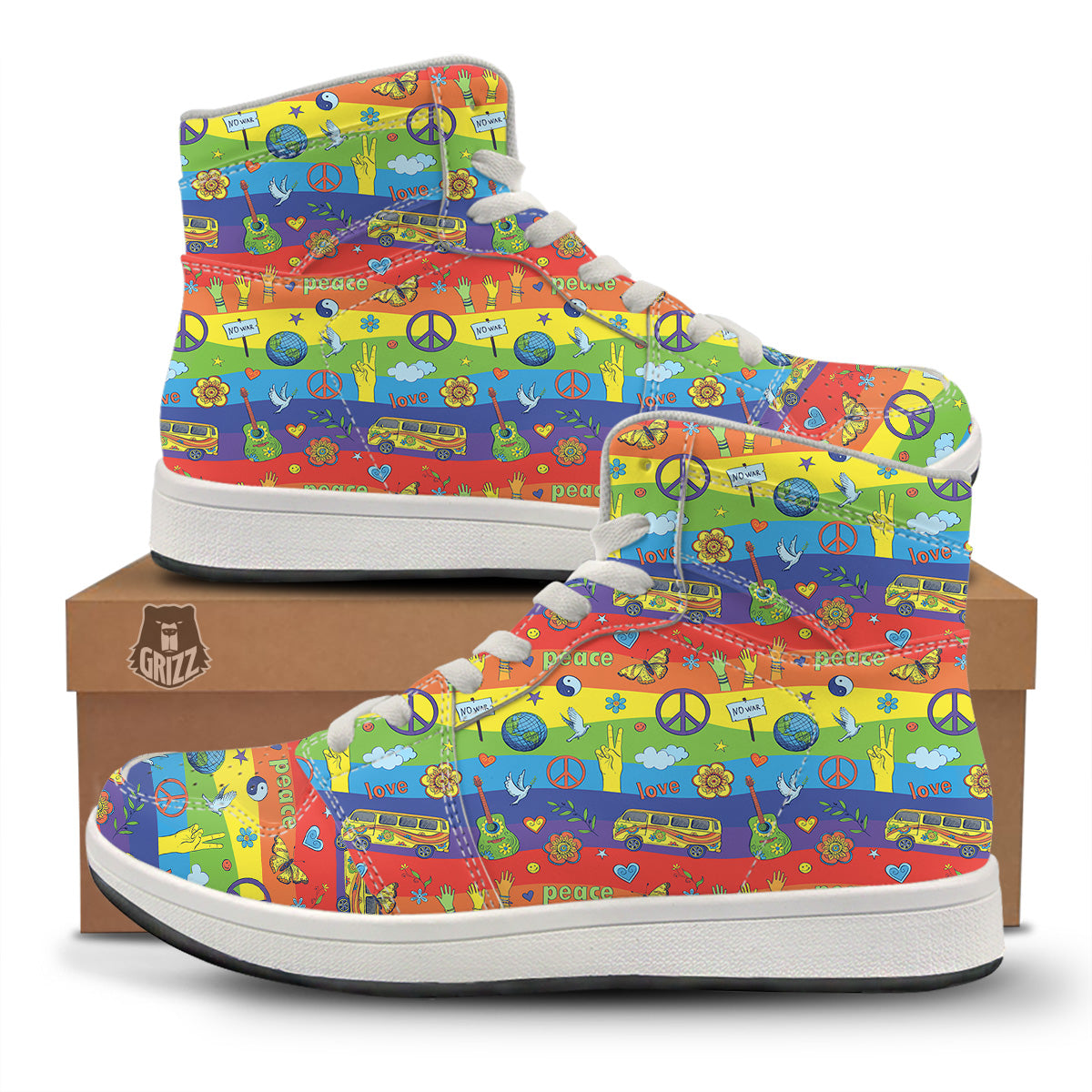 Hippie Drawing Psychedelic Wave Print Pattern High Top Sneakers-grizzshop