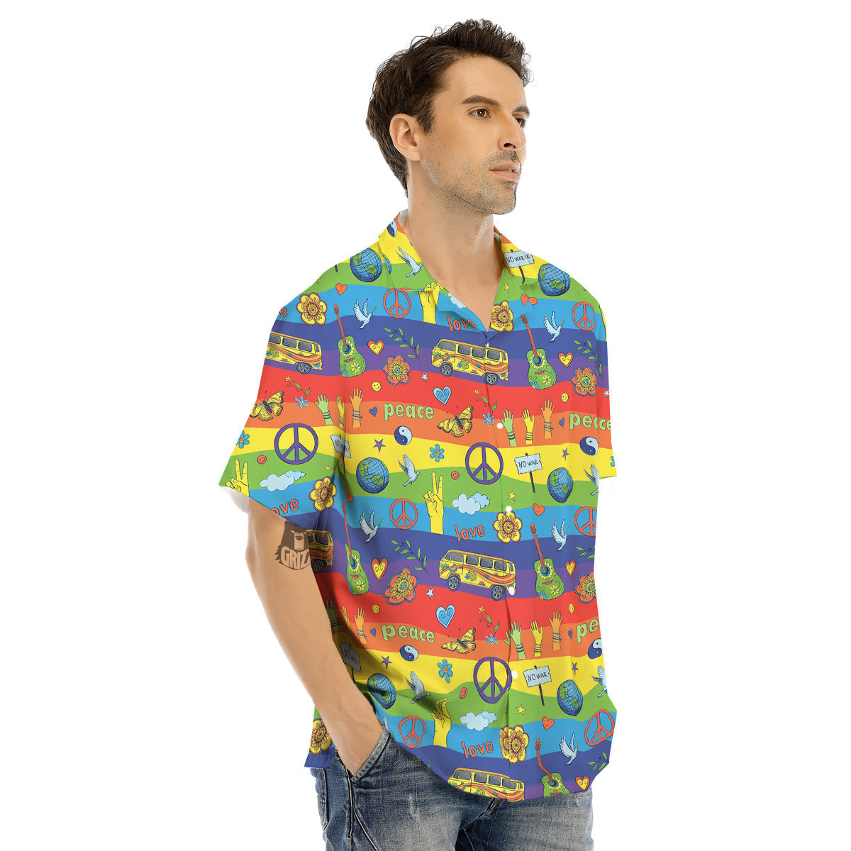 Hippie Drawing Psychedelic Wave Print Pattern Men's Hawaiian Shirt-grizzshop