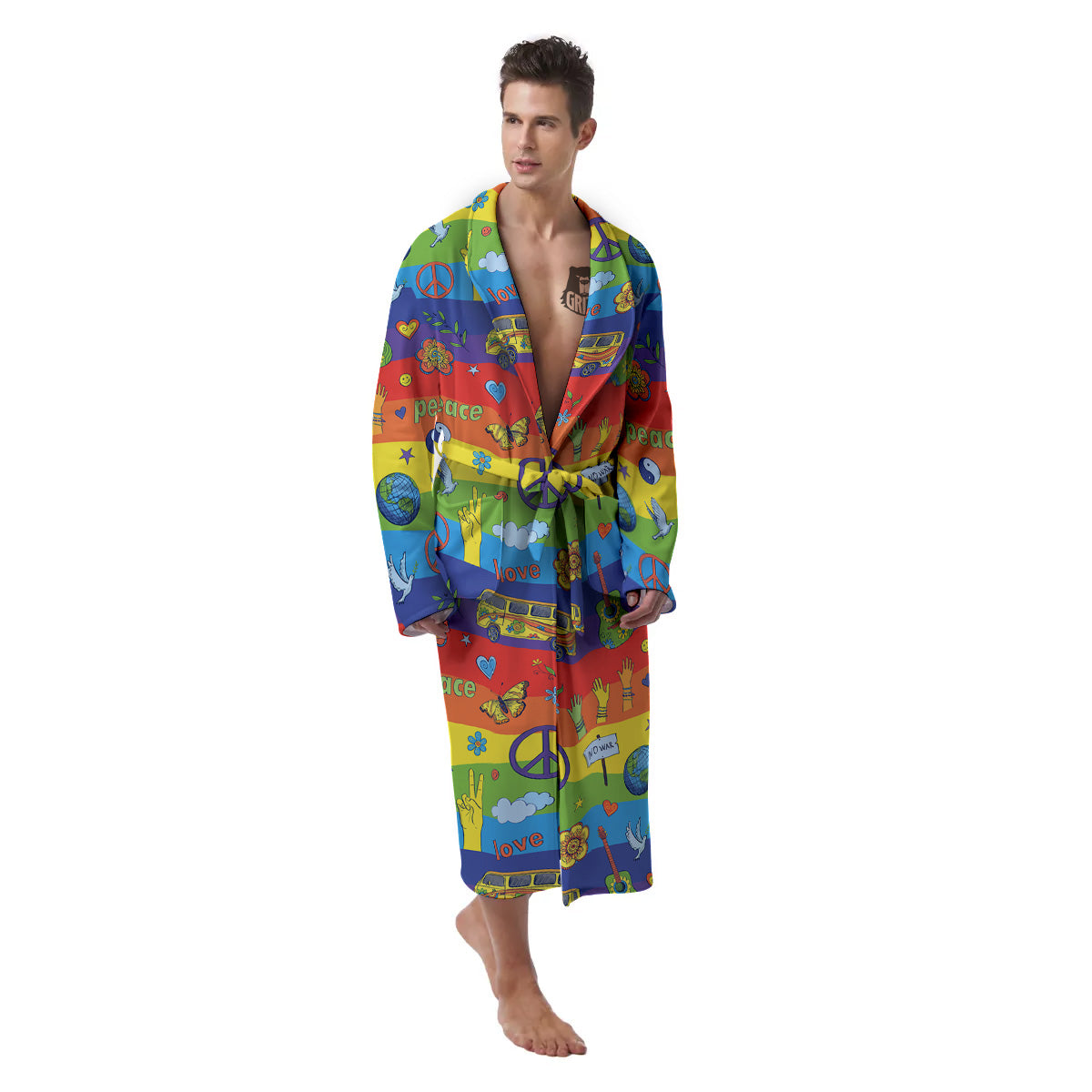 Hippie Drawing Psychedelic Wave Print Pattern Men's Robe-grizzshop