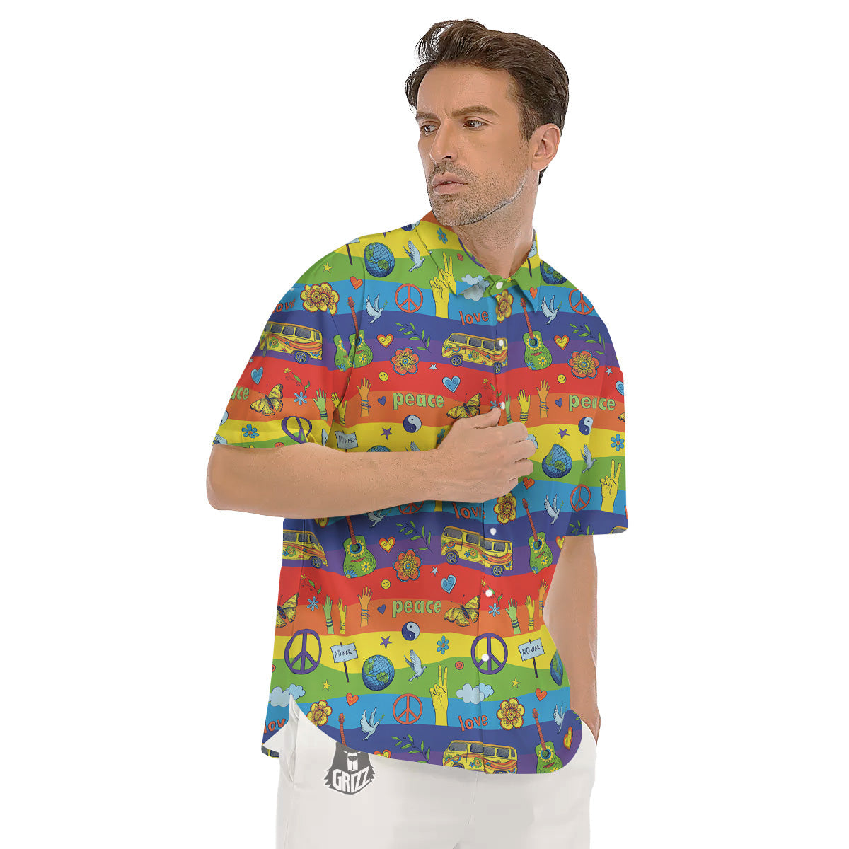 Hippie Drawing Psychedelic Wave Print Pattern Men's Short Sleeve Shirts-grizzshop