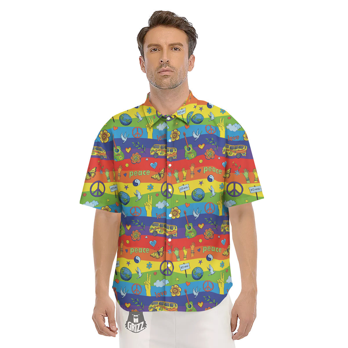 Hippie Drawing Psychedelic Wave Print Pattern Men's Short Sleeve Shirts-grizzshop