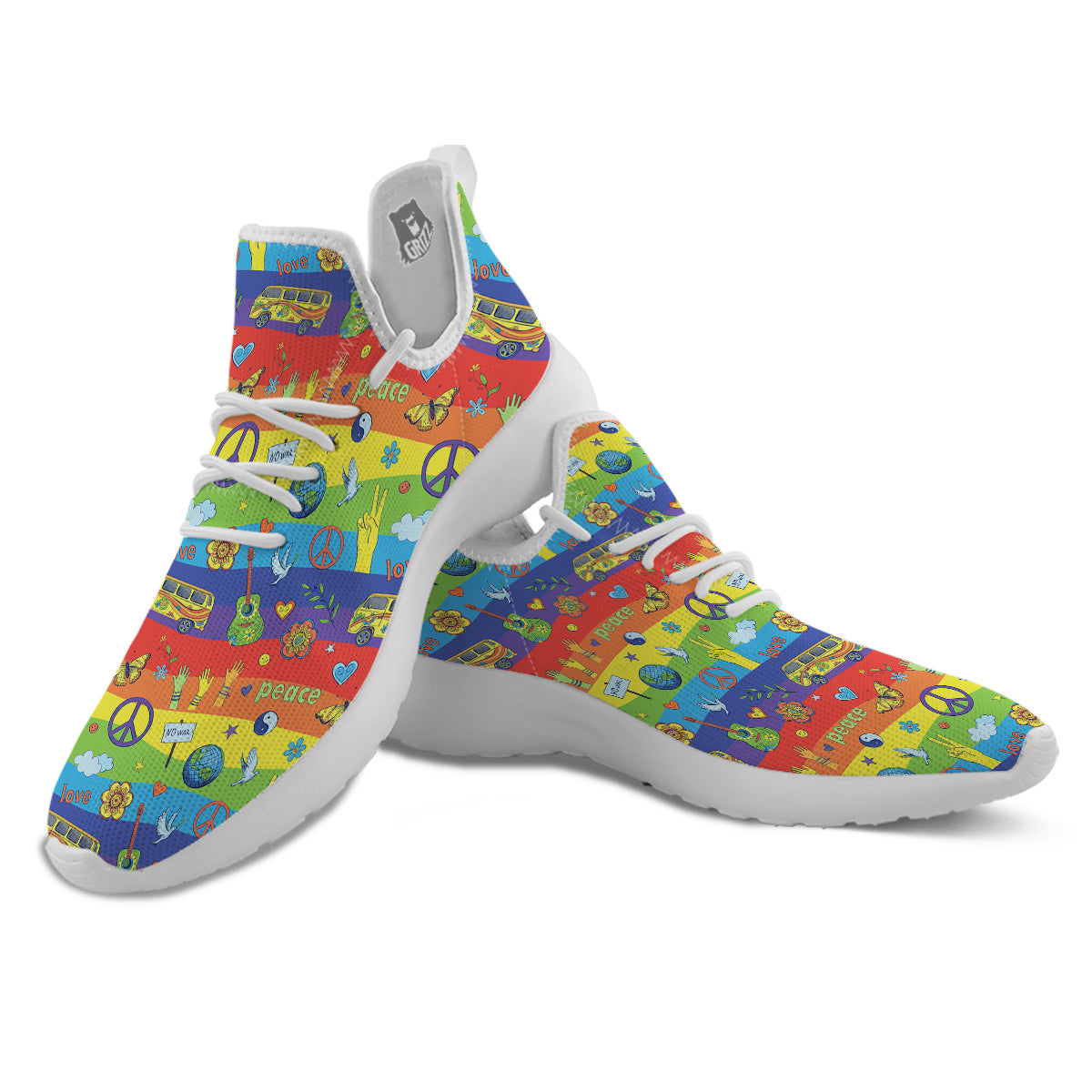 Hippie Drawing Psychedelic Wave Print Pattern White Athletic Shoes-grizzshop