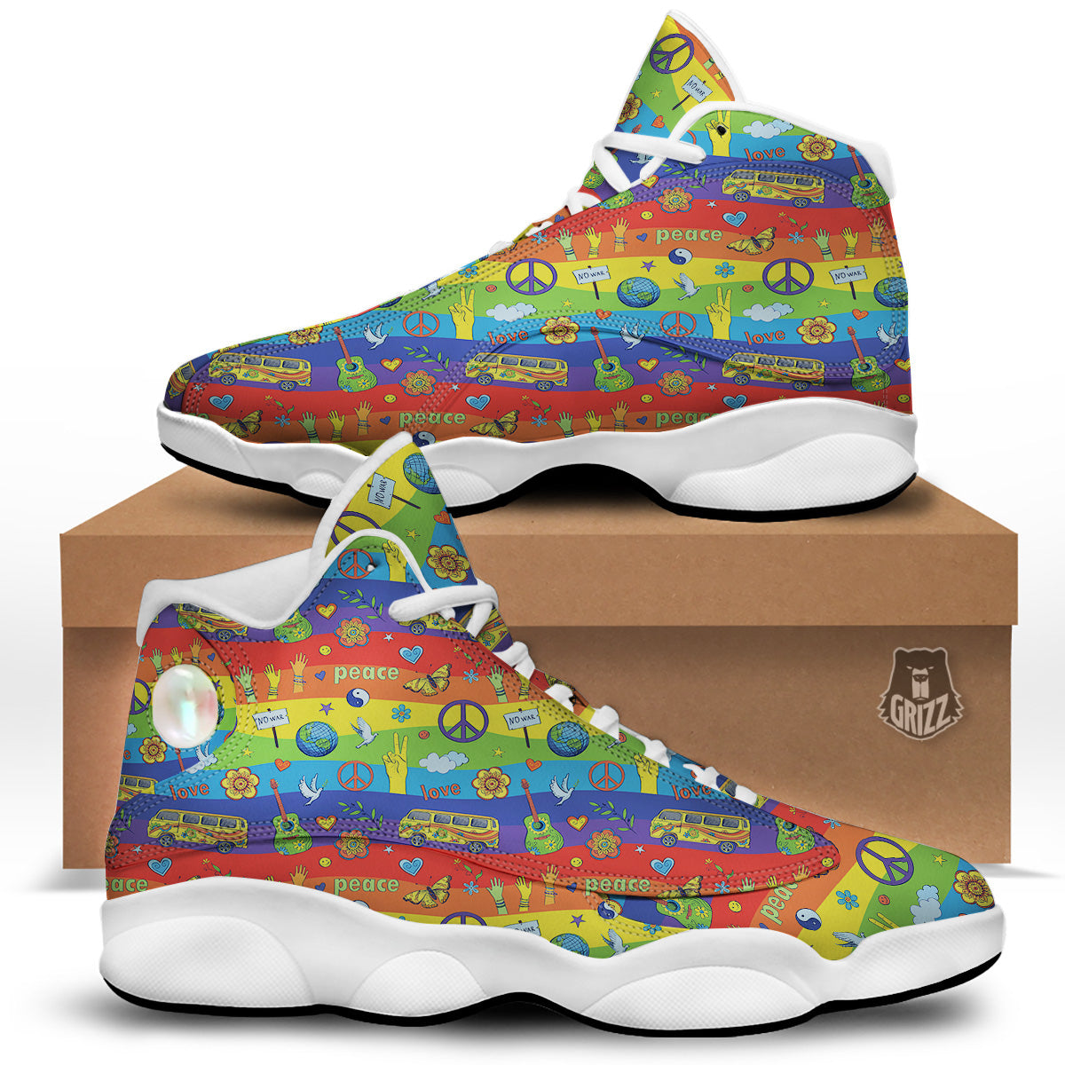 Hippie Drawing Psychedelic Wave Print Pattern White Basketball Shoes-grizzshop