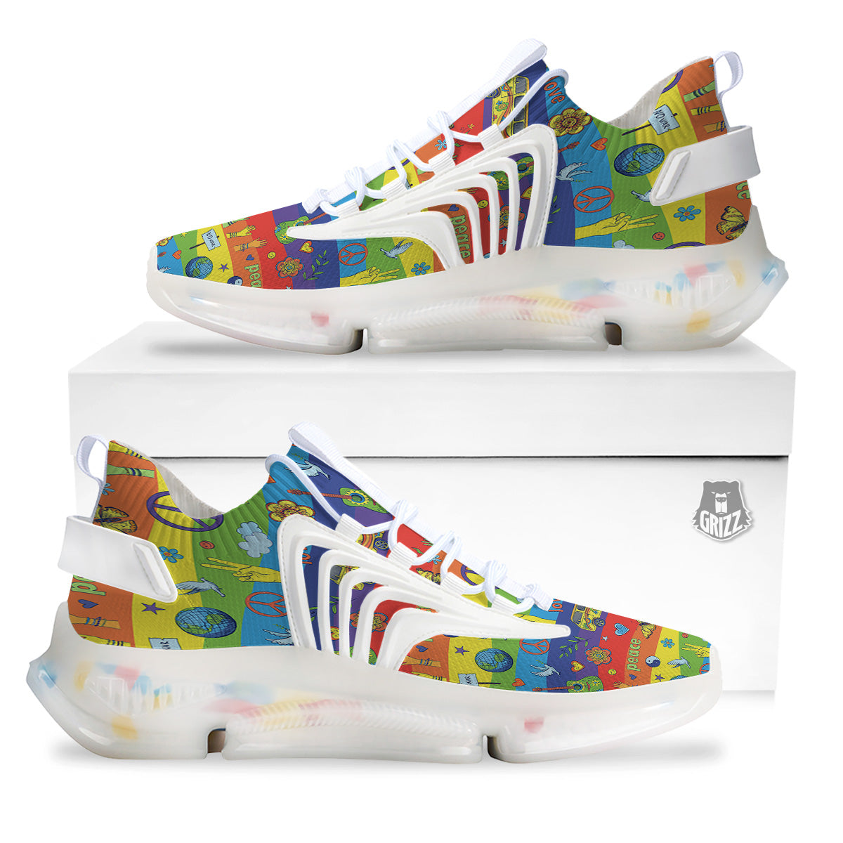 Hippie Drawing Psychedelic Wave Print Pattern White Gym Shoes-grizzshop