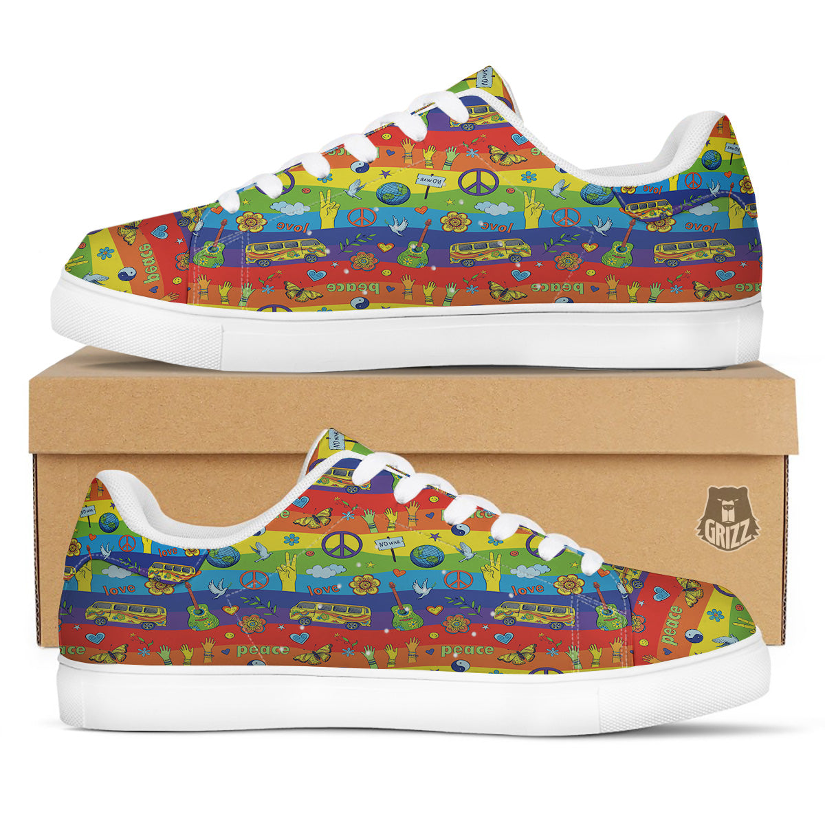Hippie Drawing Psychedelic Wave Print Pattern White Low Top Sneakers-grizzshop