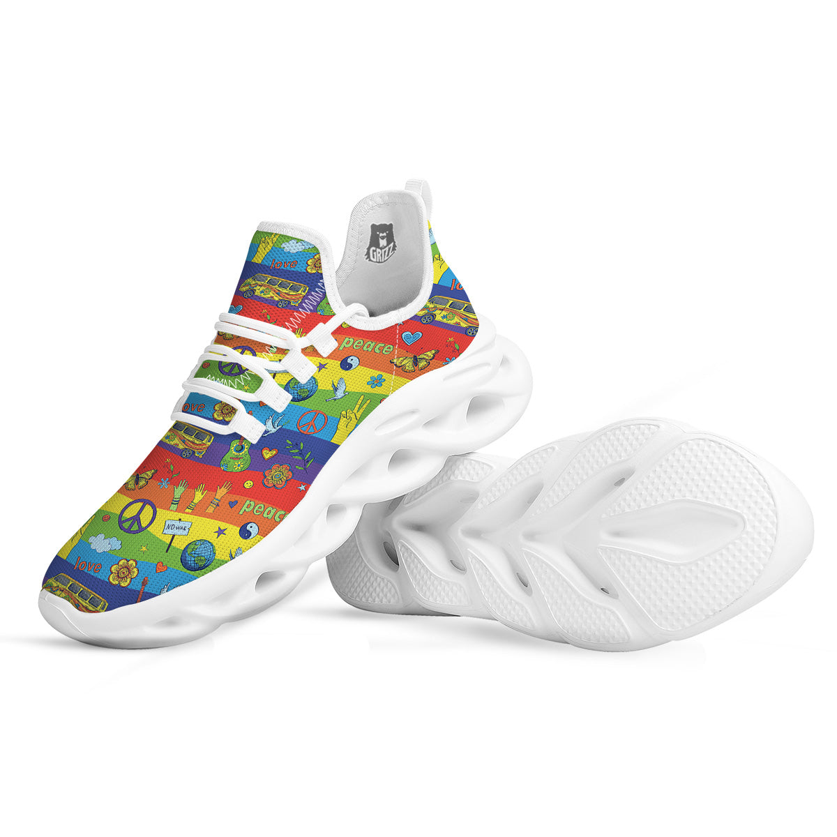 Hippie Drawing Psychedelic Wave Print Pattern White Running Shoes-grizzshop