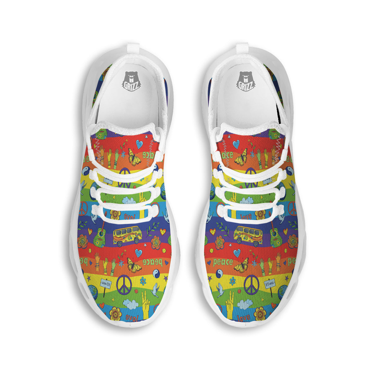Hippie Drawing Psychedelic Wave Print Pattern White Running Shoes-grizzshop