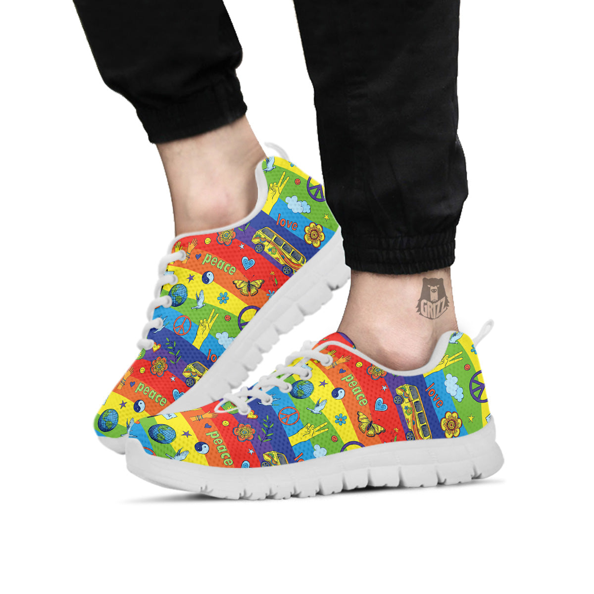 Hippie Drawing Psychedelic Wave Print Pattern White Sneaker-grizzshop