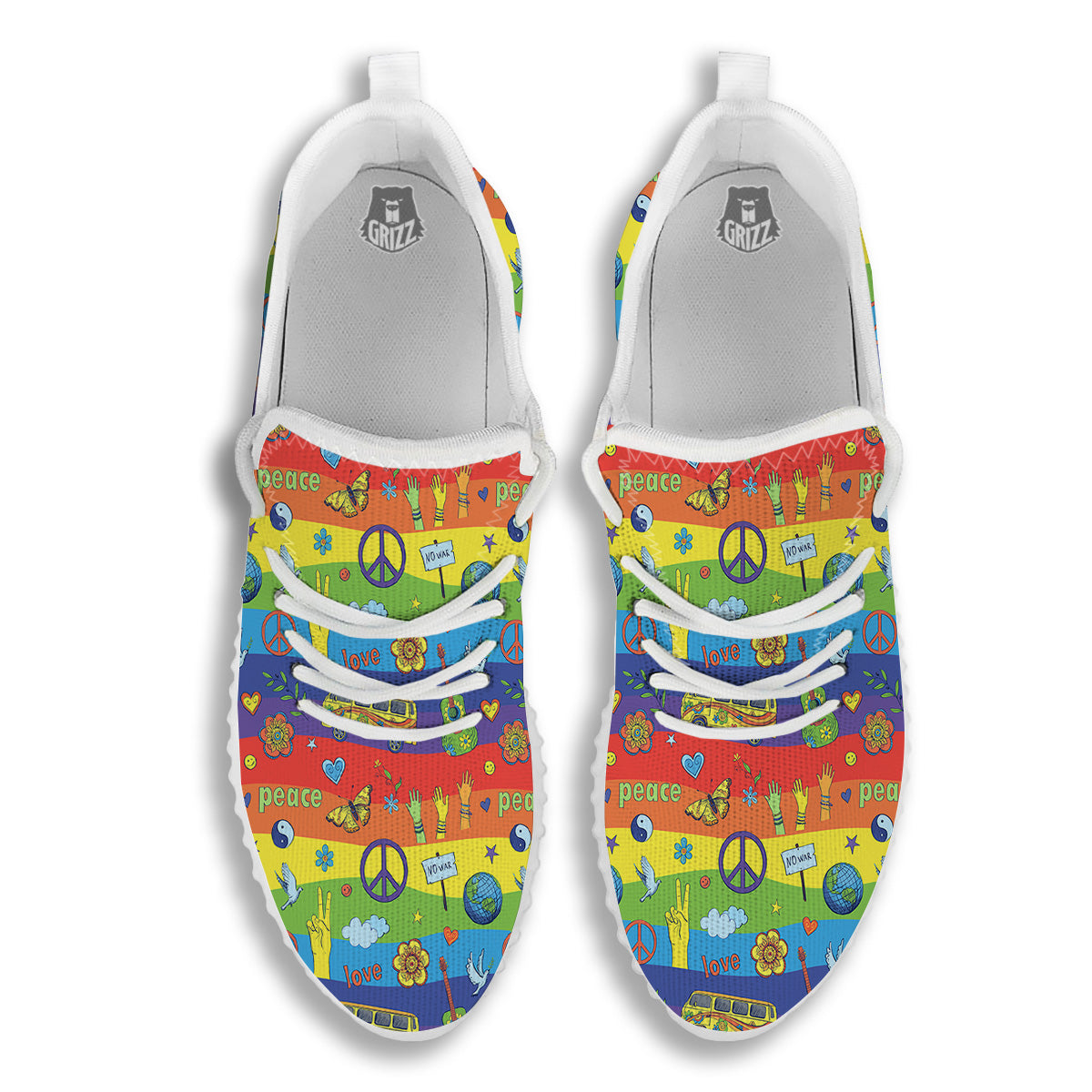 Hippie Drawing Psychedelic Wave Print Pattern White Walking Shoes-grizzshop
