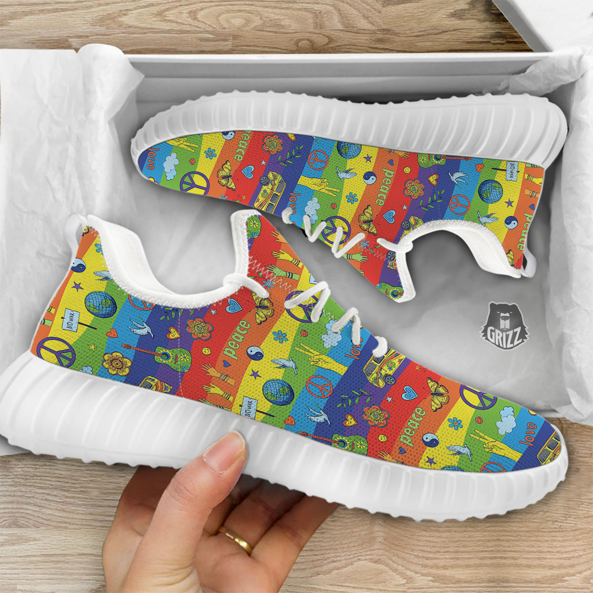 Hippie Drawing Psychedelic Wave Print Pattern White Walking Shoes-grizzshop