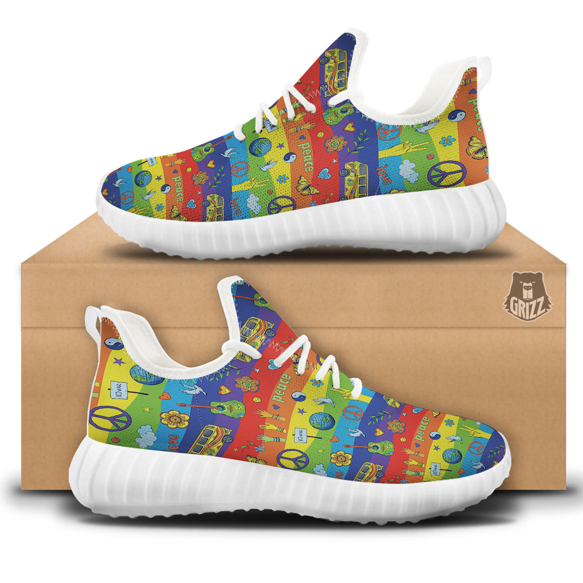 Hippie Drawing Psychedelic Wave Print Pattern White Walking Shoes-grizzshop