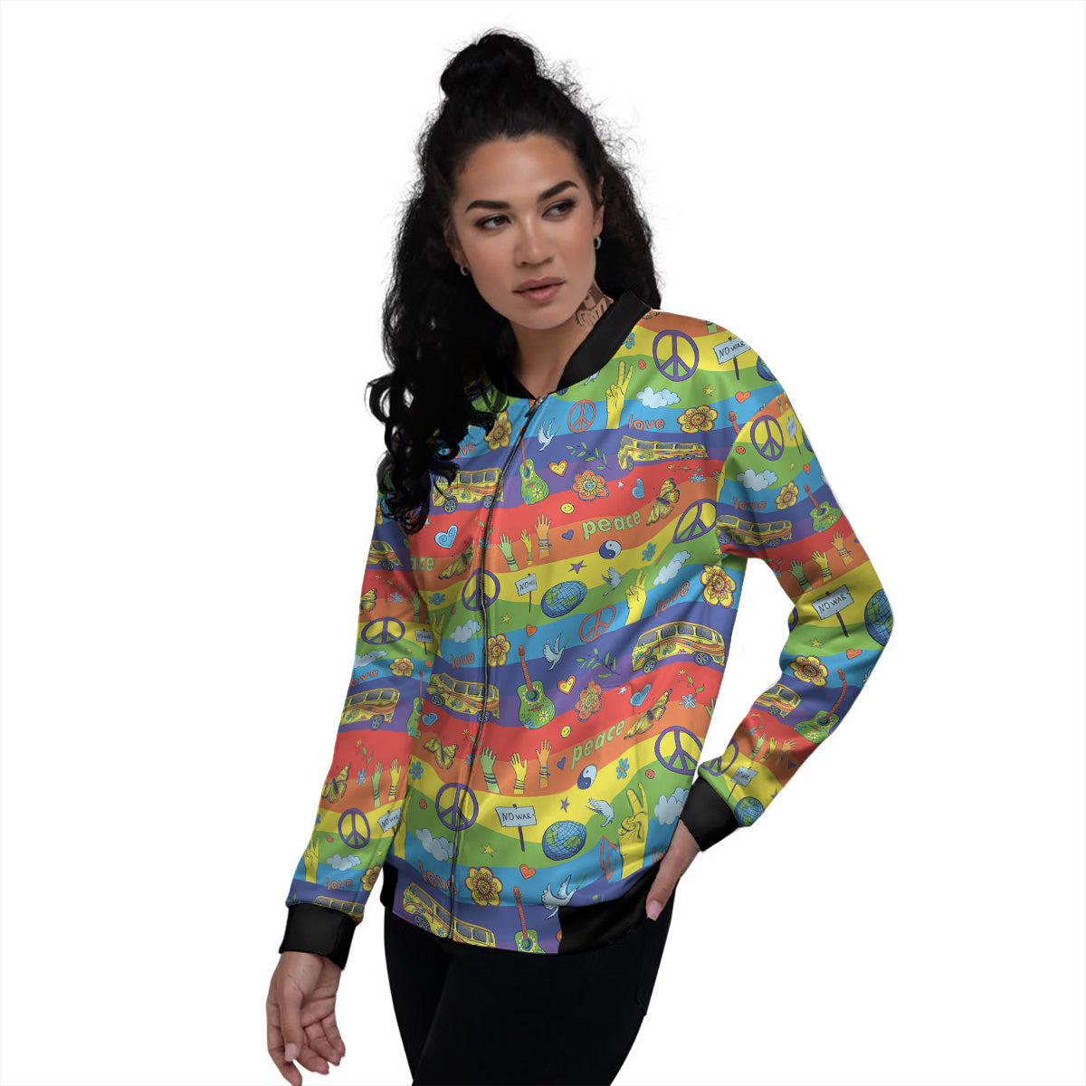 Hippie Drawing Psychedelic Wave Print Pattern Women's Bomber Jacket-grizzshop