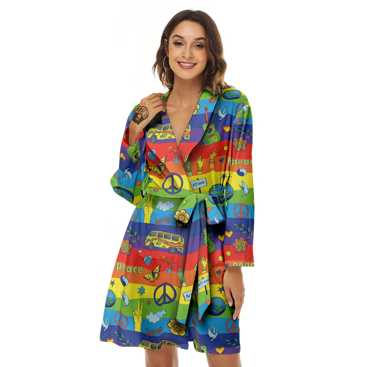 Hippie Drawing Psychedelic Wave Print Pattern Women's Robe-grizzshop