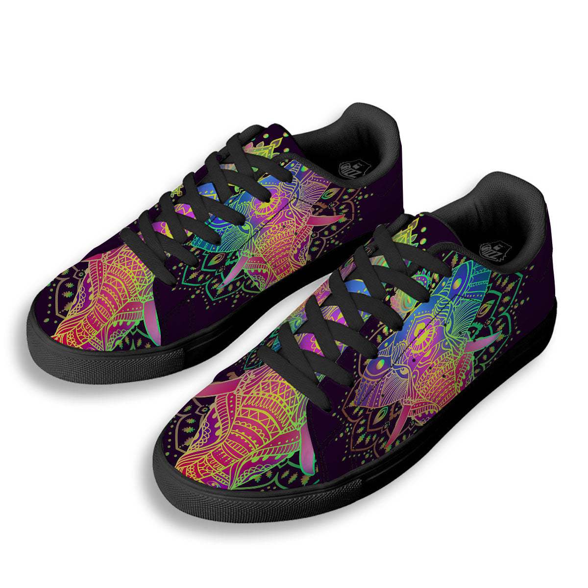 Hippie Elephant Indian Boho Print Black Low Top Sneakers-grizzshop