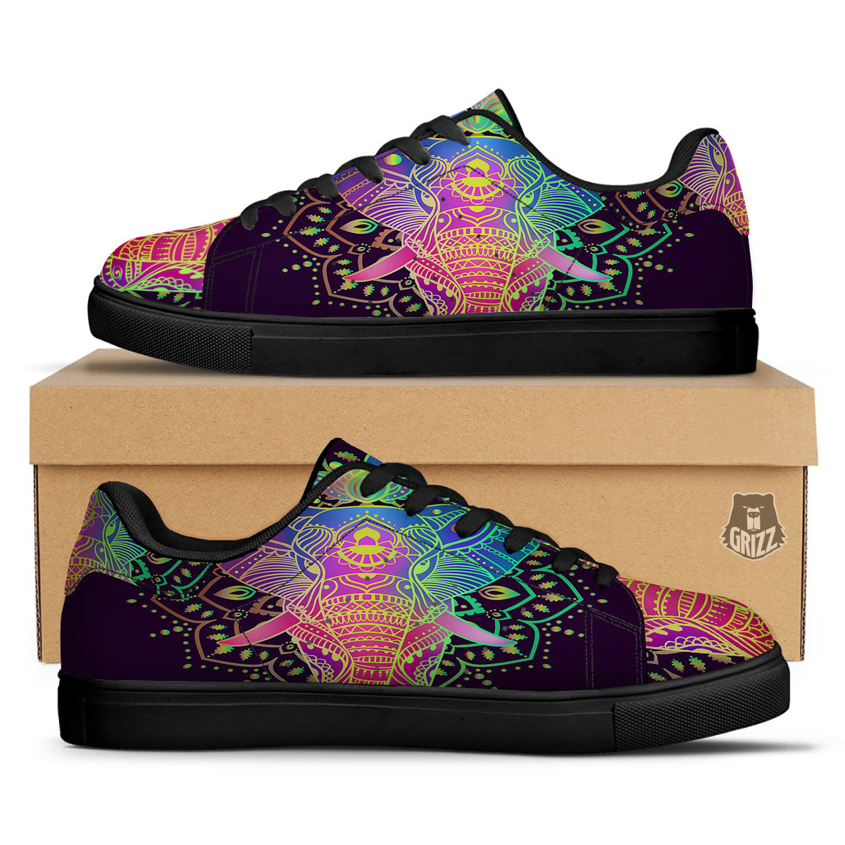 Hippie Elephant Indian Boho Print Black Low Top Sneakers-grizzshop