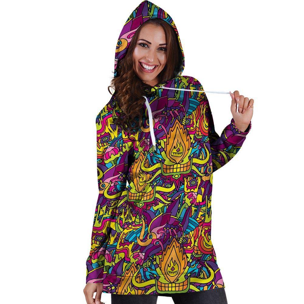 Hippie Flame Psychedelic Trippy Hoodie Dress-grizzshop