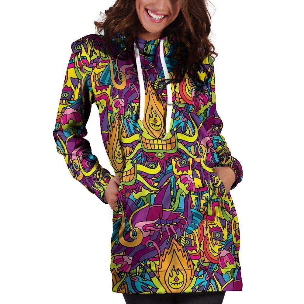 Hippie Flame Psychedelic Trippy Hoodie Dress-grizzshop