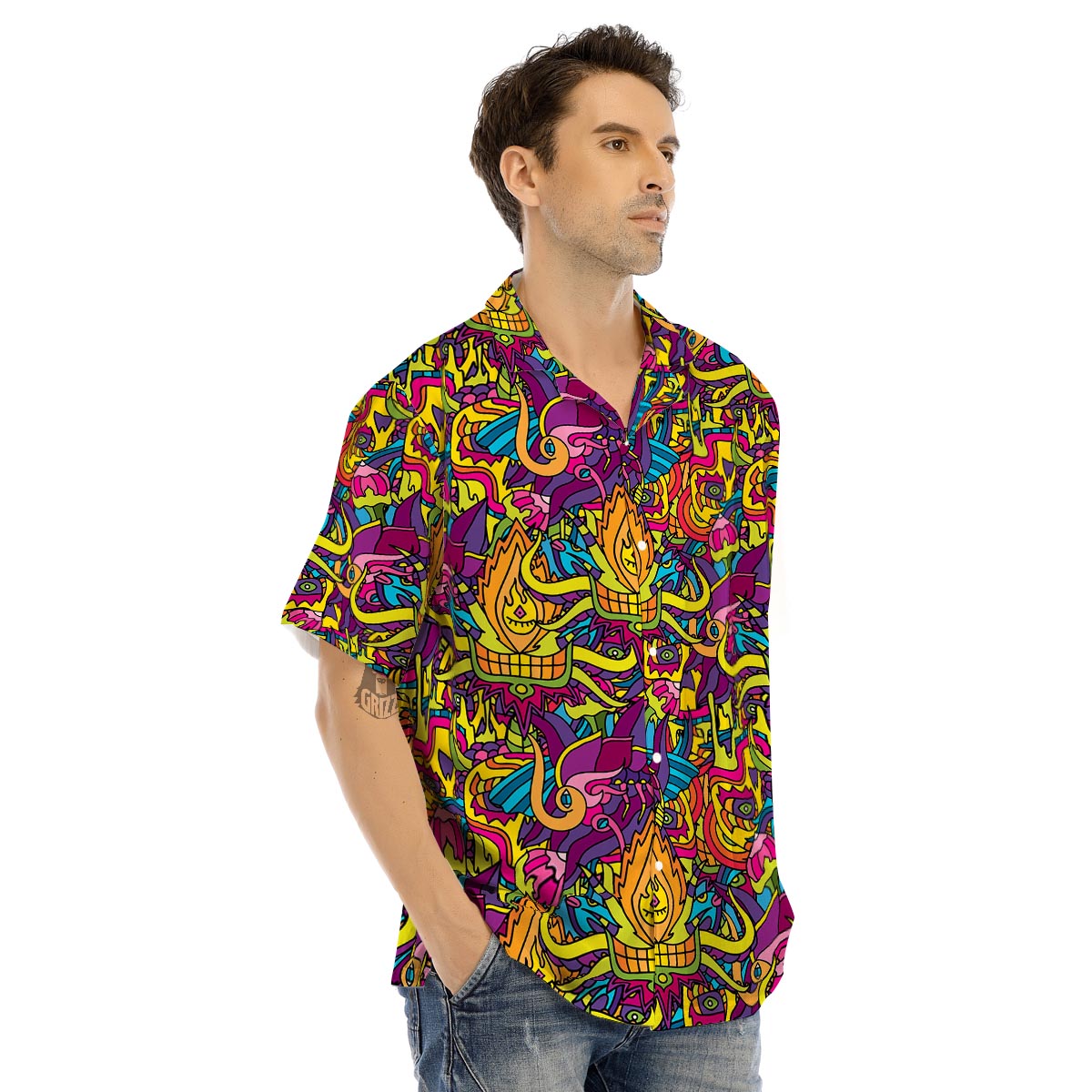 Hippie Flame Psychedelic Trippy Men’s Hawaiian Shirt-grizzshop