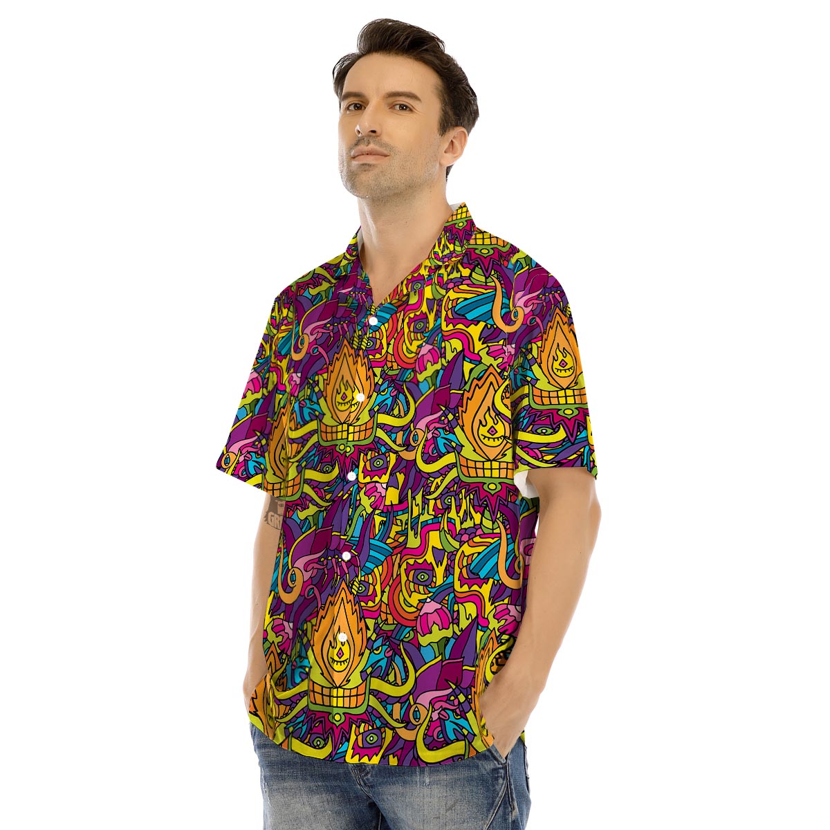 Hippie Flame Psychedelic Trippy Men’s Hawaiian Shirt-grizzshop