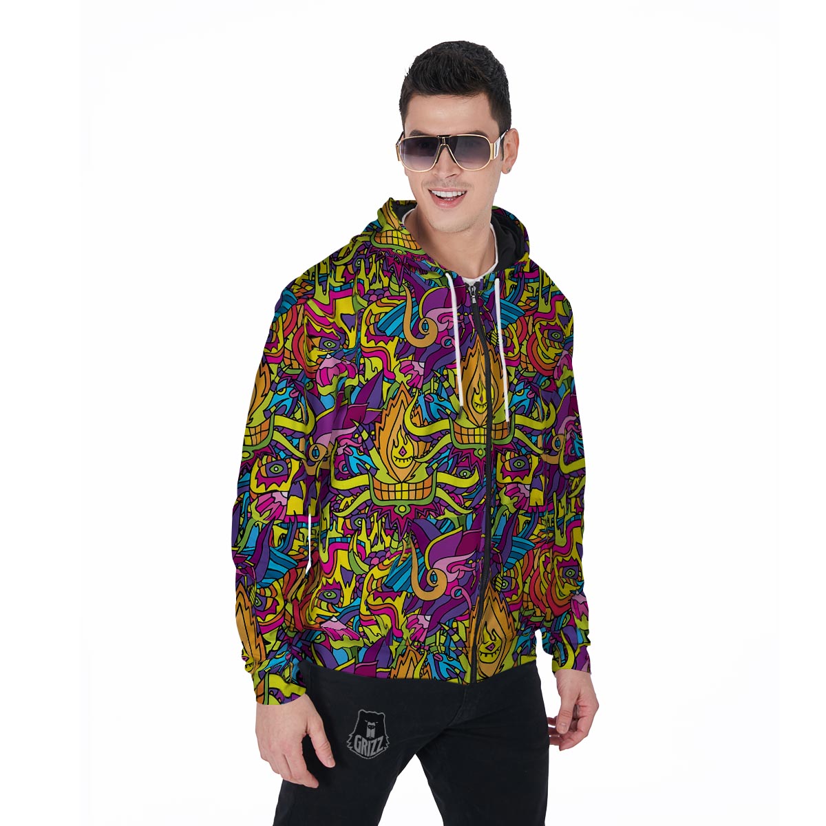 Hippie Flame Psychedelic Trippy Men's Zip Up Hoodie-grizzshop