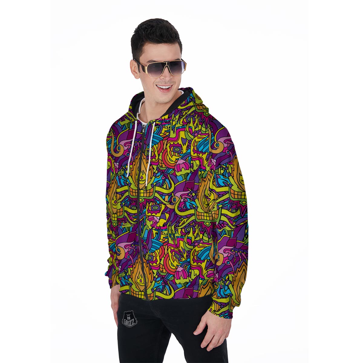 Hippie Flame Psychedelic Trippy Men's Zip Up Hoodie-grizzshop