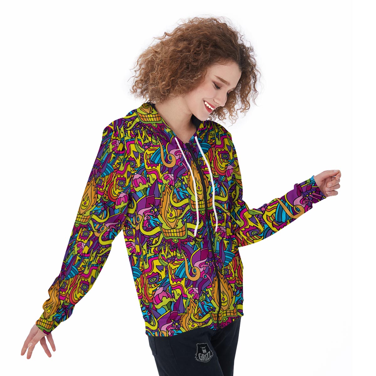 Hippie Flame Psychedelic Trippy Women's Zip Up Hoodie-grizzshop