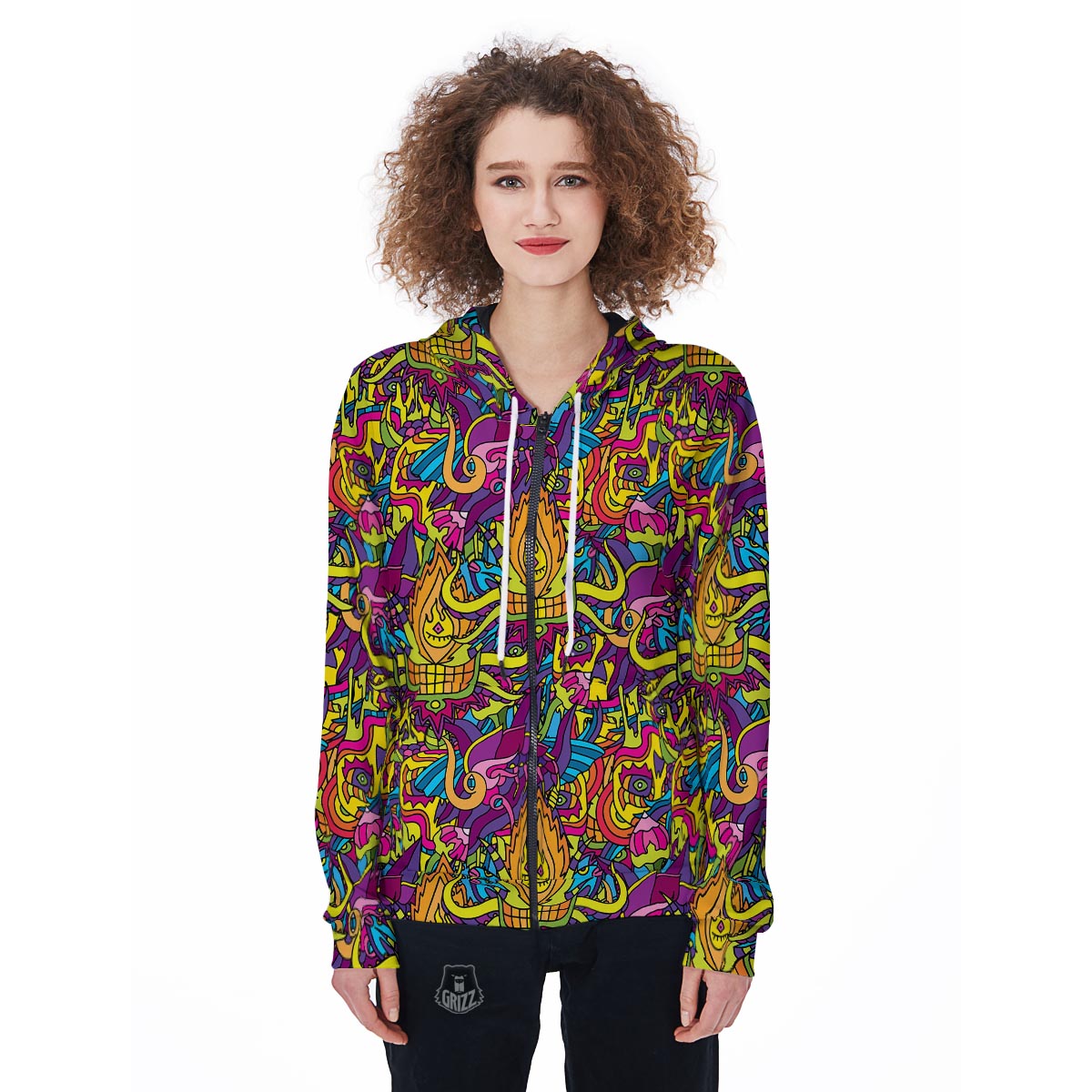 Hippie Flame Psychedelic Trippy Women's Zip Up Hoodie-grizzshop