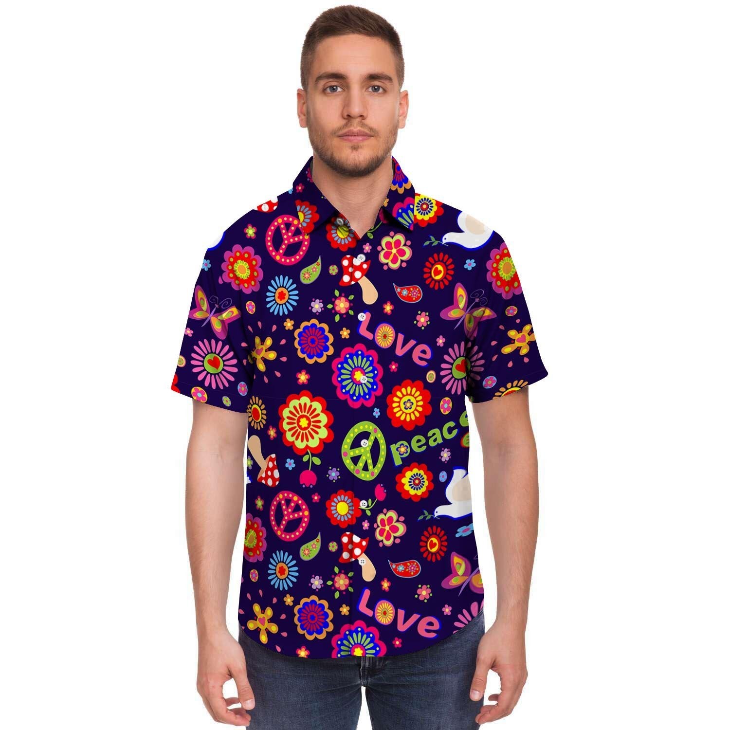 Hippie Floral Men's Short Sleeve Shirt-grizzshop