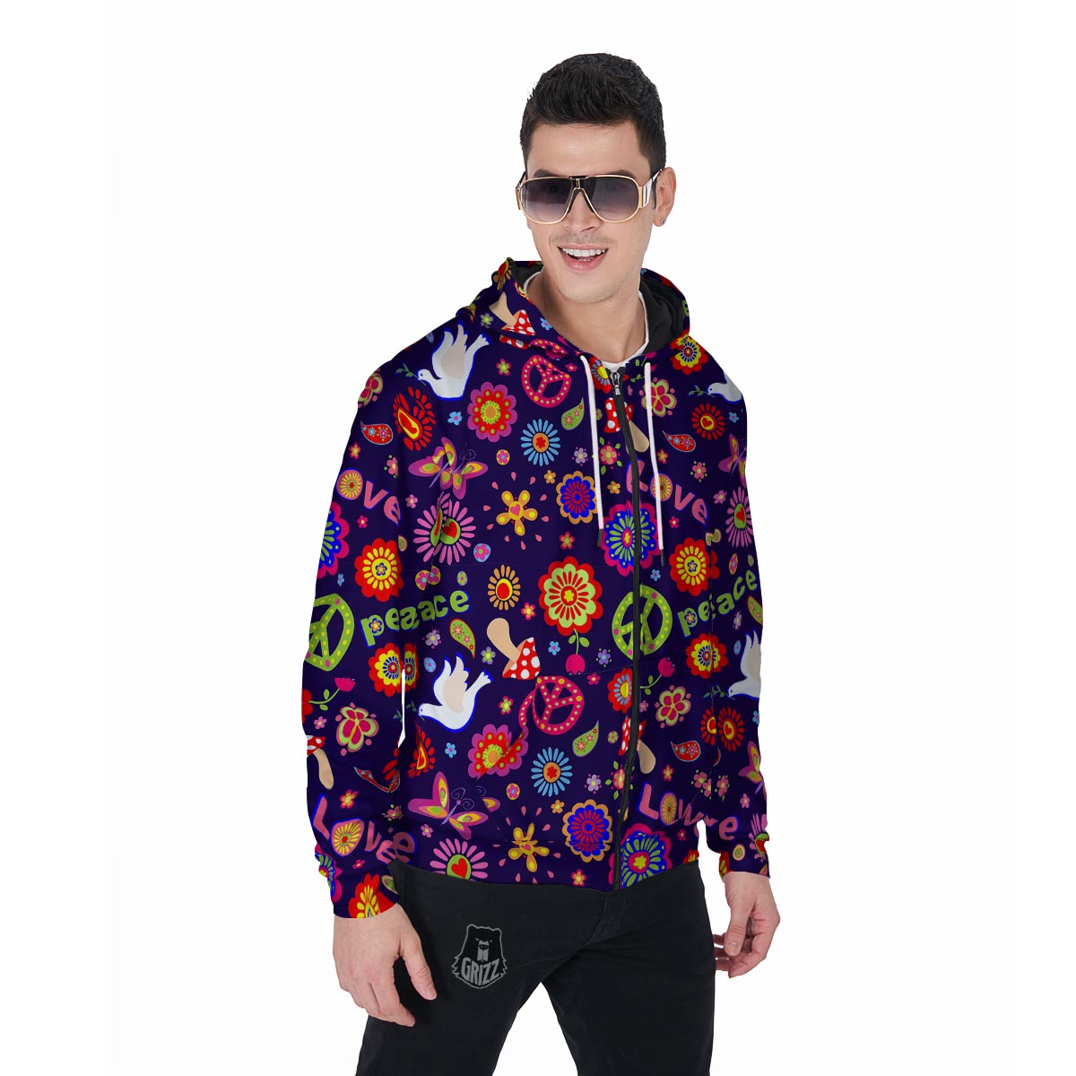 Hippie Floral Men's Zip Up Hoodie-grizzshop