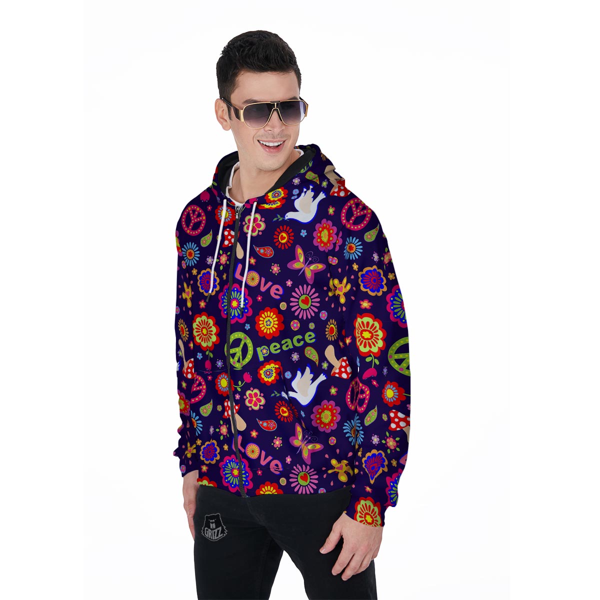Hippie Floral Men's Zip Up Hoodie-grizzshop
