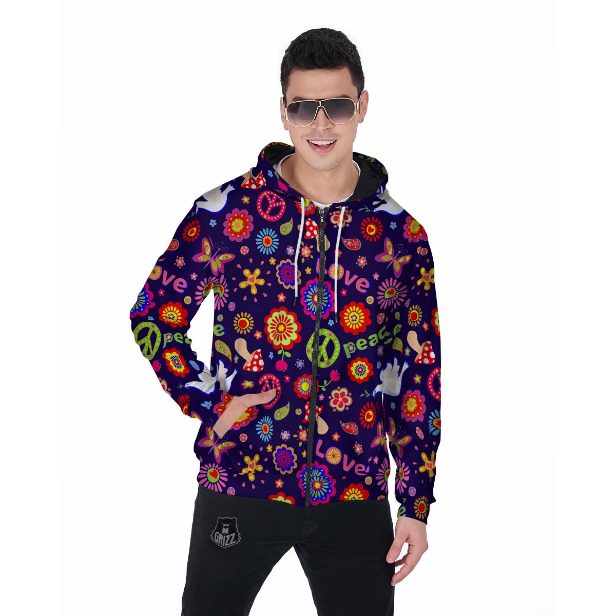 Hippie Floral Men's Zip Up Hoodie-grizzshop