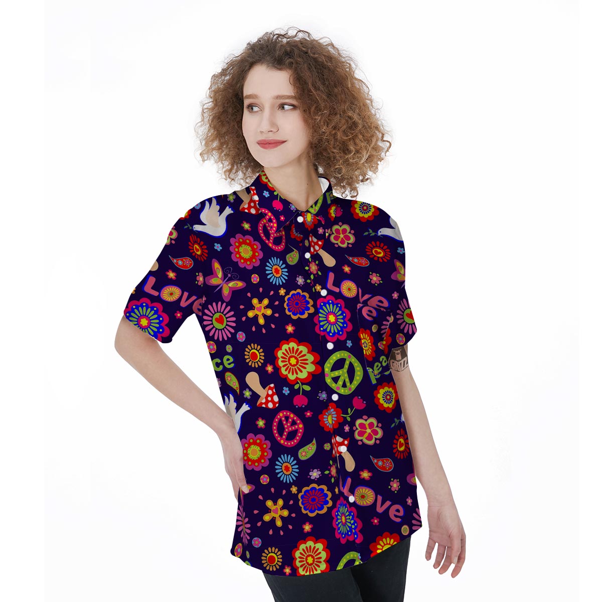 Hippie Floral Women's Short Sleeve Shirts-grizzshop
