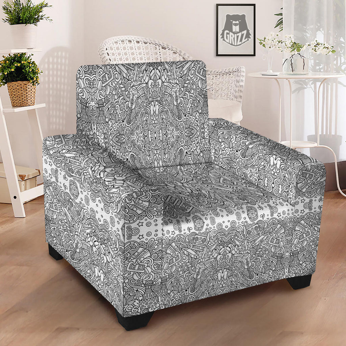 Hippie Graffiti Monochrome Print Pattern Armchair Slipcover-grizzshop