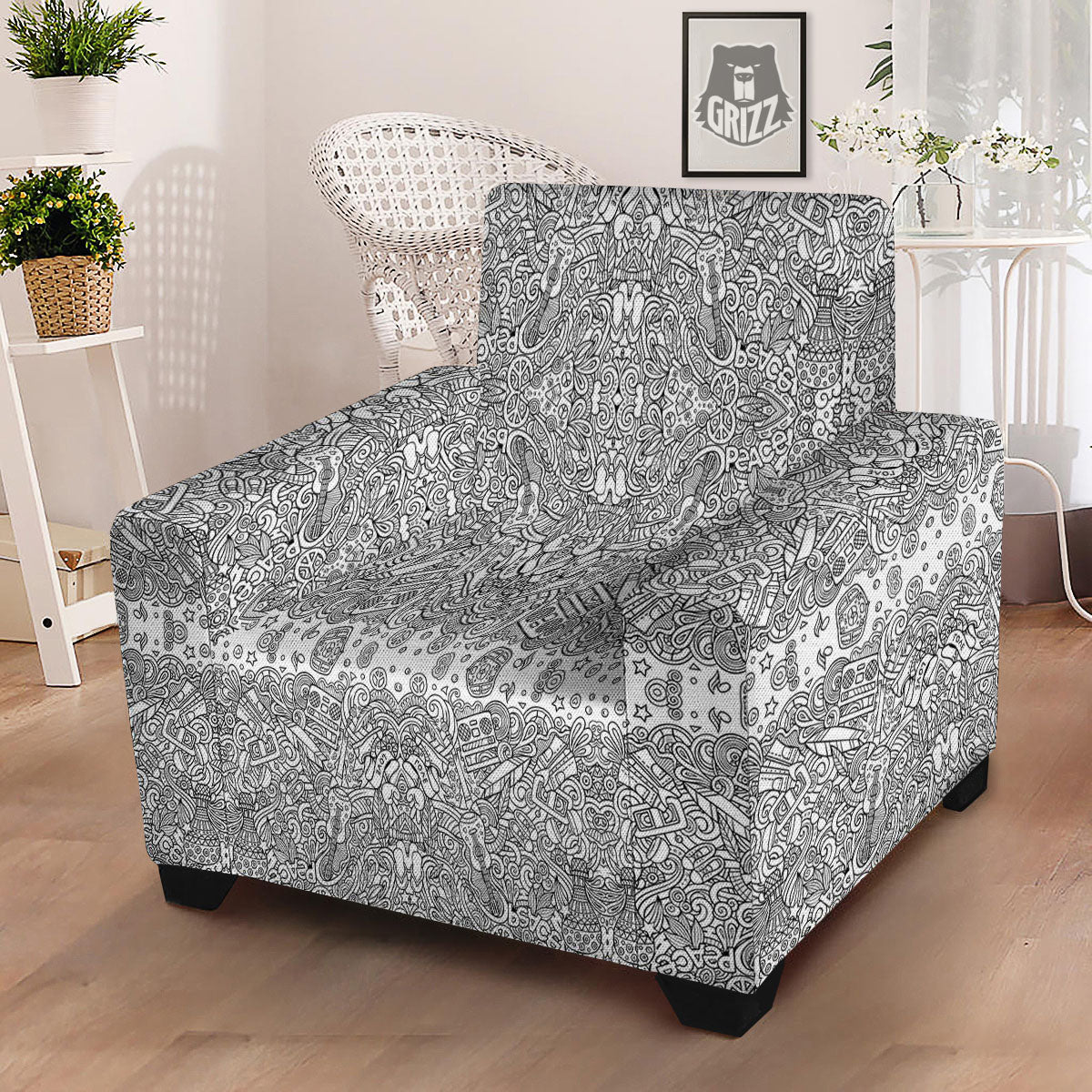 Hippie Graffiti Monochrome Print Pattern Armchair Slipcover-grizzshop