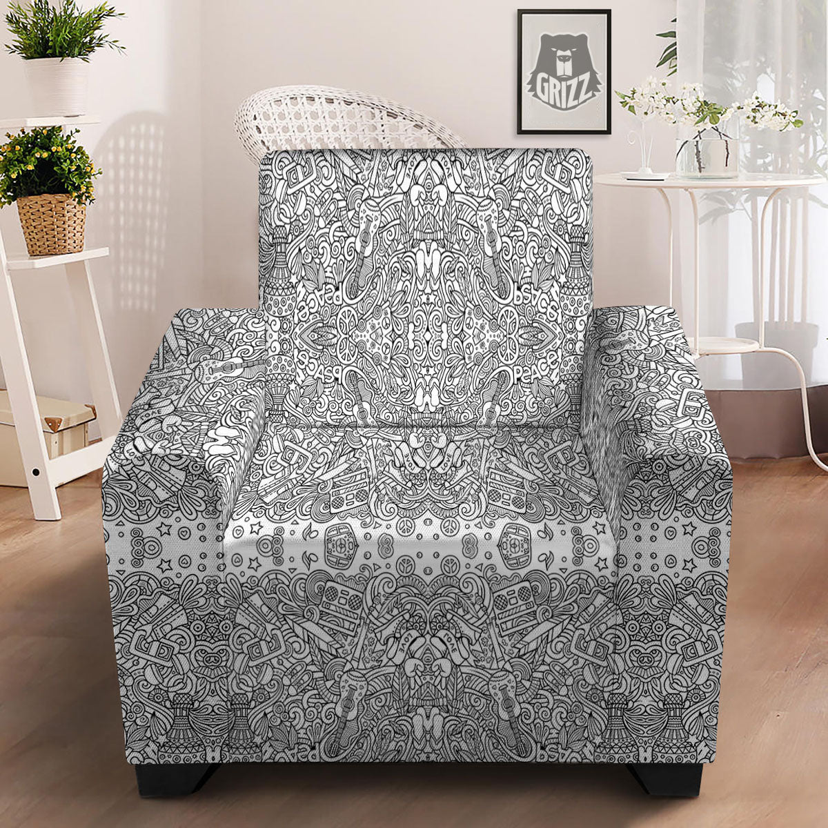 Hippie Graffiti Monochrome Print Pattern Armchair Slipcover-grizzshop