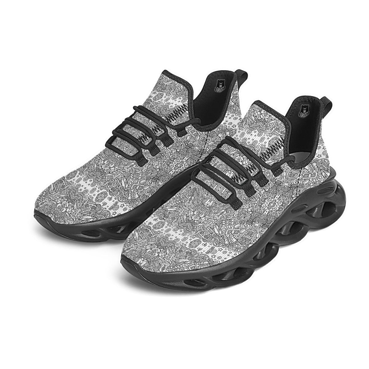 Hippie Graffiti Monochrome Print Pattern Black Running Shoes-grizzshop