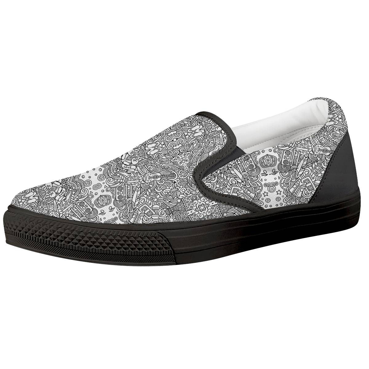 Hippie Graffiti Monochrome Print Pattern Black Slip On Shoes-grizzshop