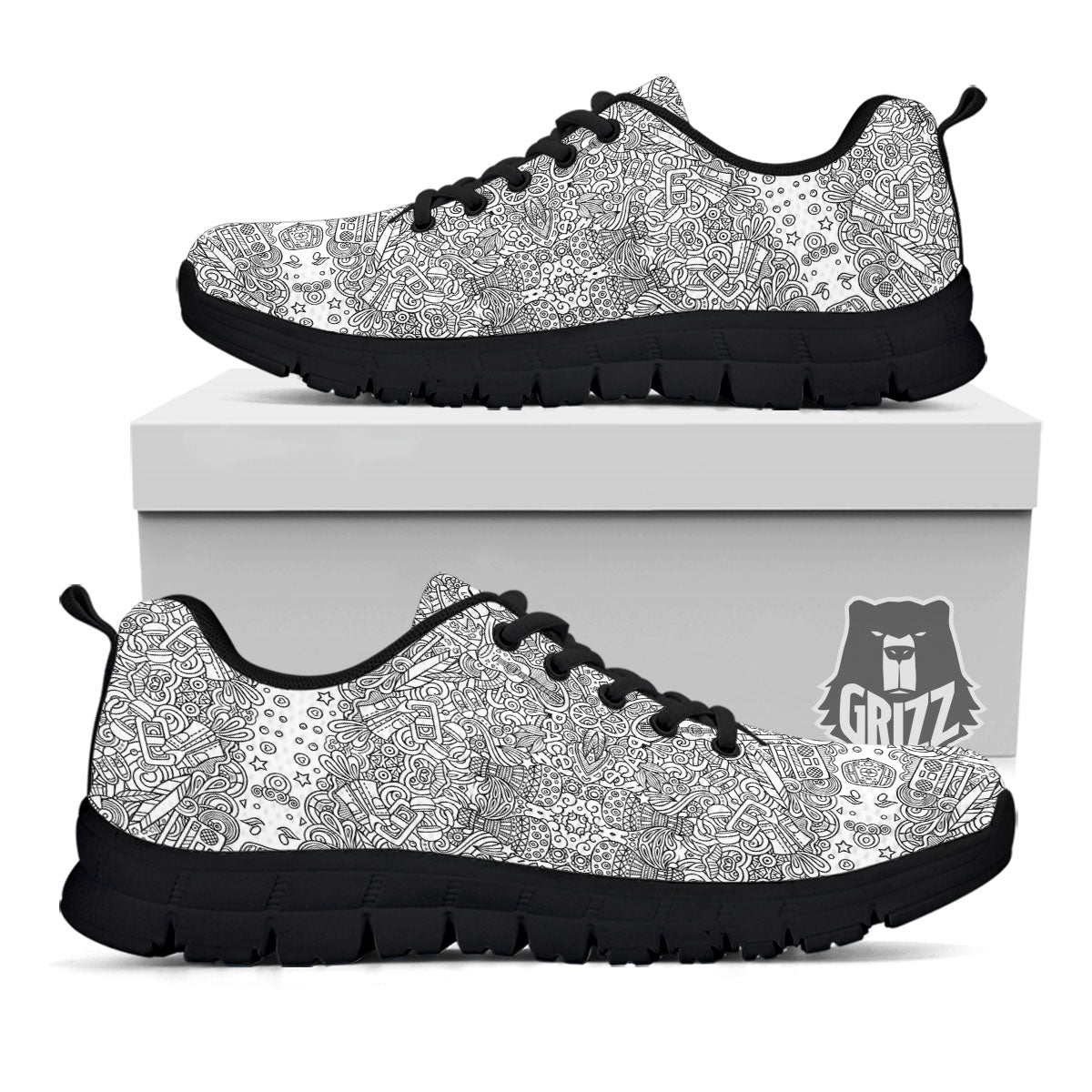 Hippie Graffiti Monochrome Print Pattern Black Sneaker-grizzshop