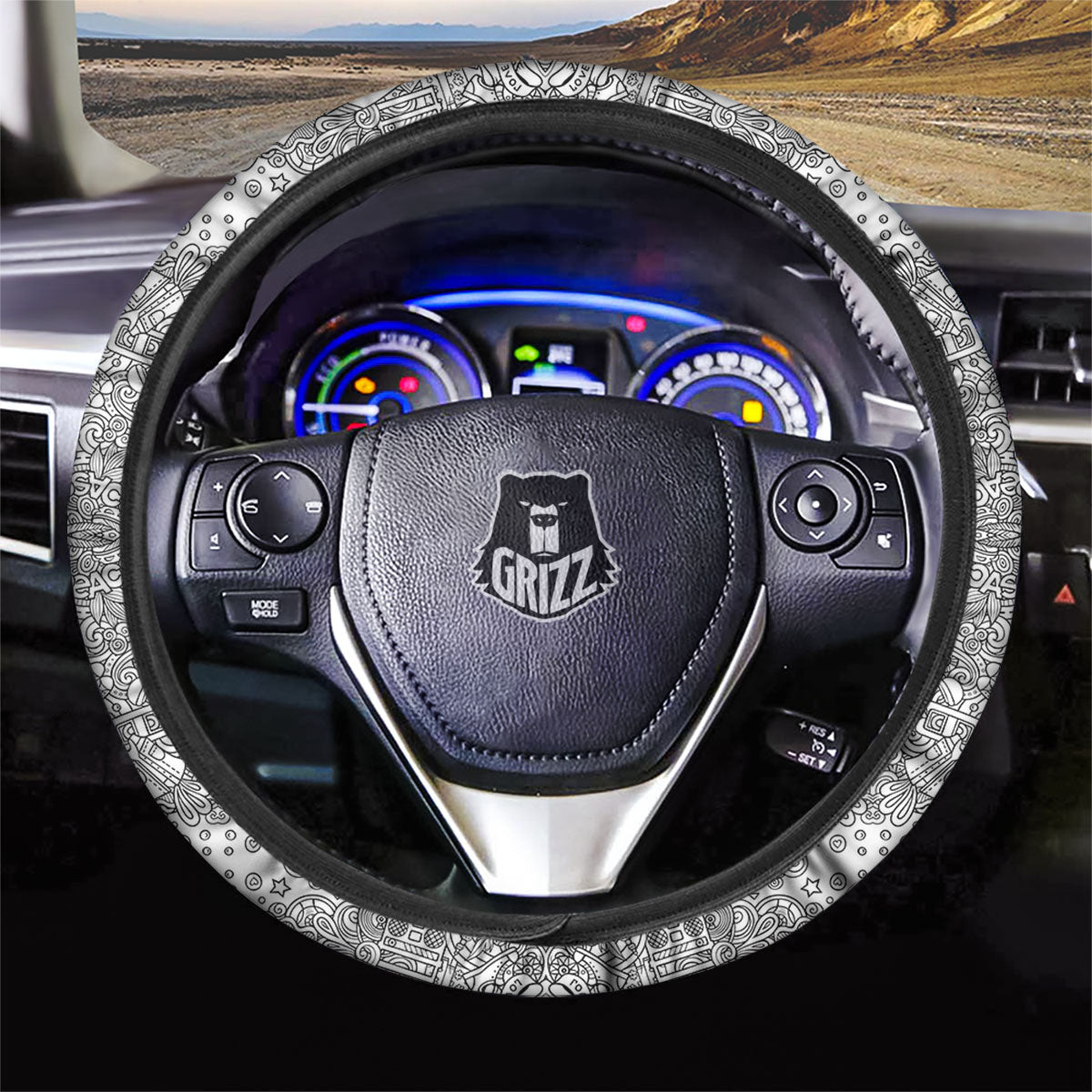 Hippie Graffiti Monochrome Print Pattern Car Steering Wheel Cover-grizzshop