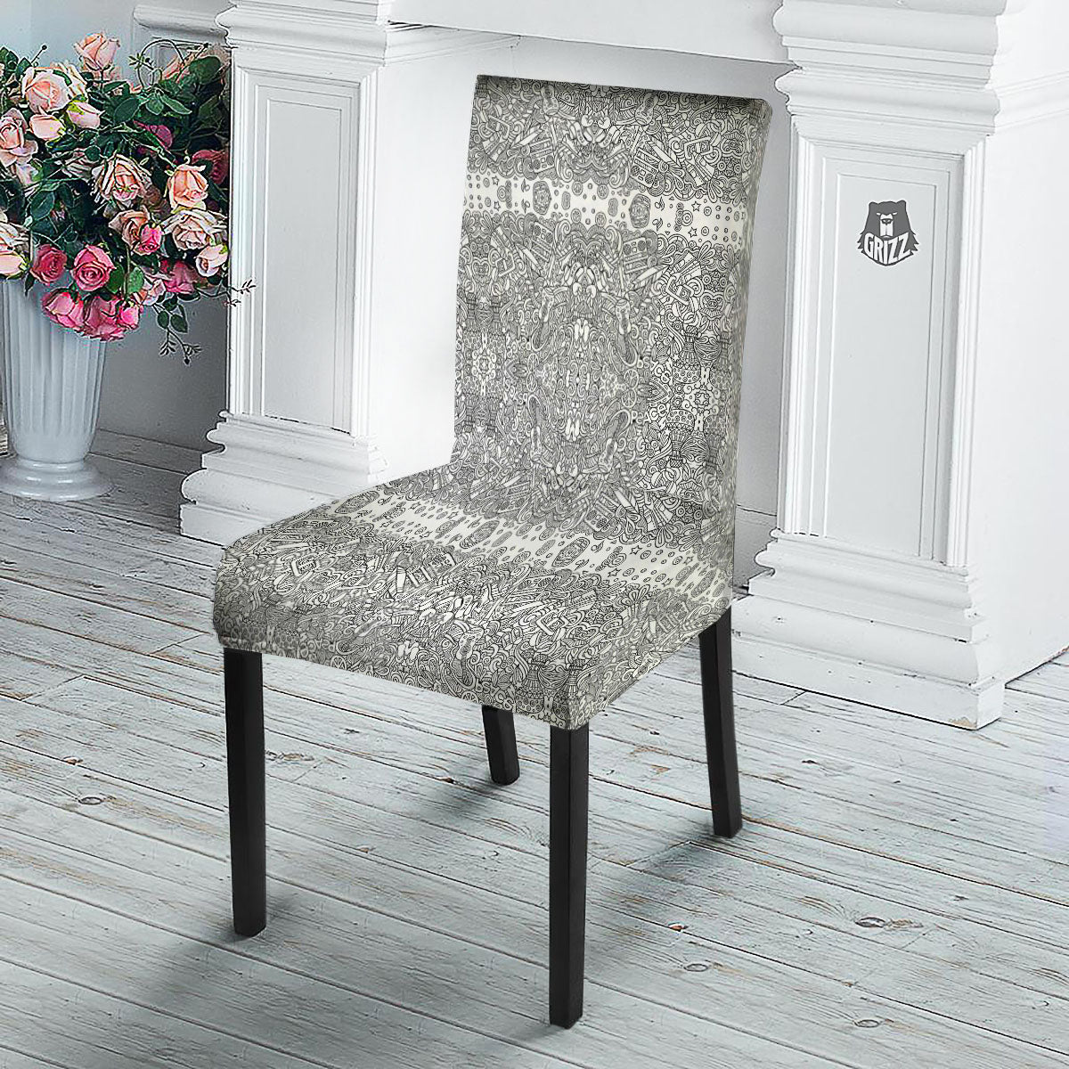 Hippie Graffiti Monochrome Print Pattern Dining Chair Slipcover-grizzshop