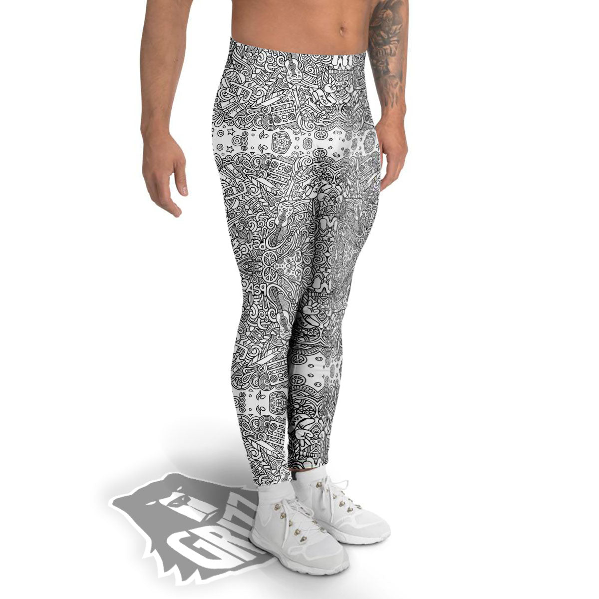 Hippie Graffiti Monochrome Print Pattern Men's Leggings-grizzshop
