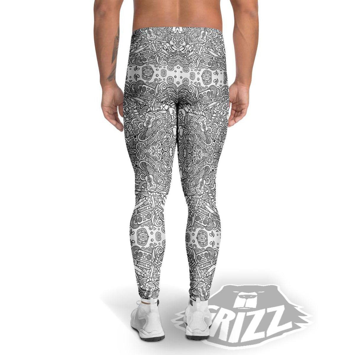 Hippie Graffiti Monochrome Print Pattern Men's Leggings-grizzshop
