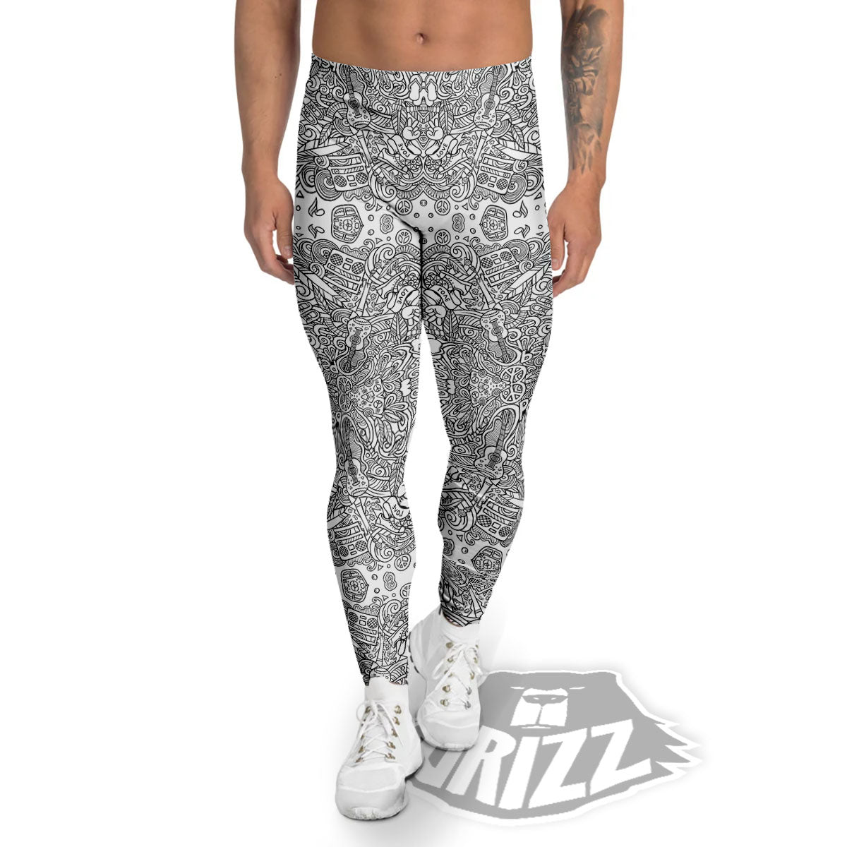 Hippie Graffiti Monochrome Print Pattern Men's Leggings-grizzshop