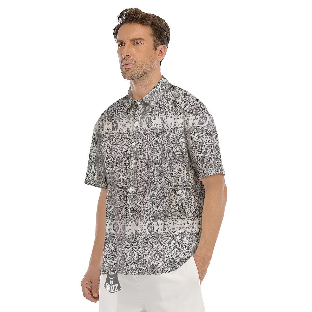 Hippie Graffiti Monochrome Print Pattern Men's Short Sleeve Shirts-grizzshop
