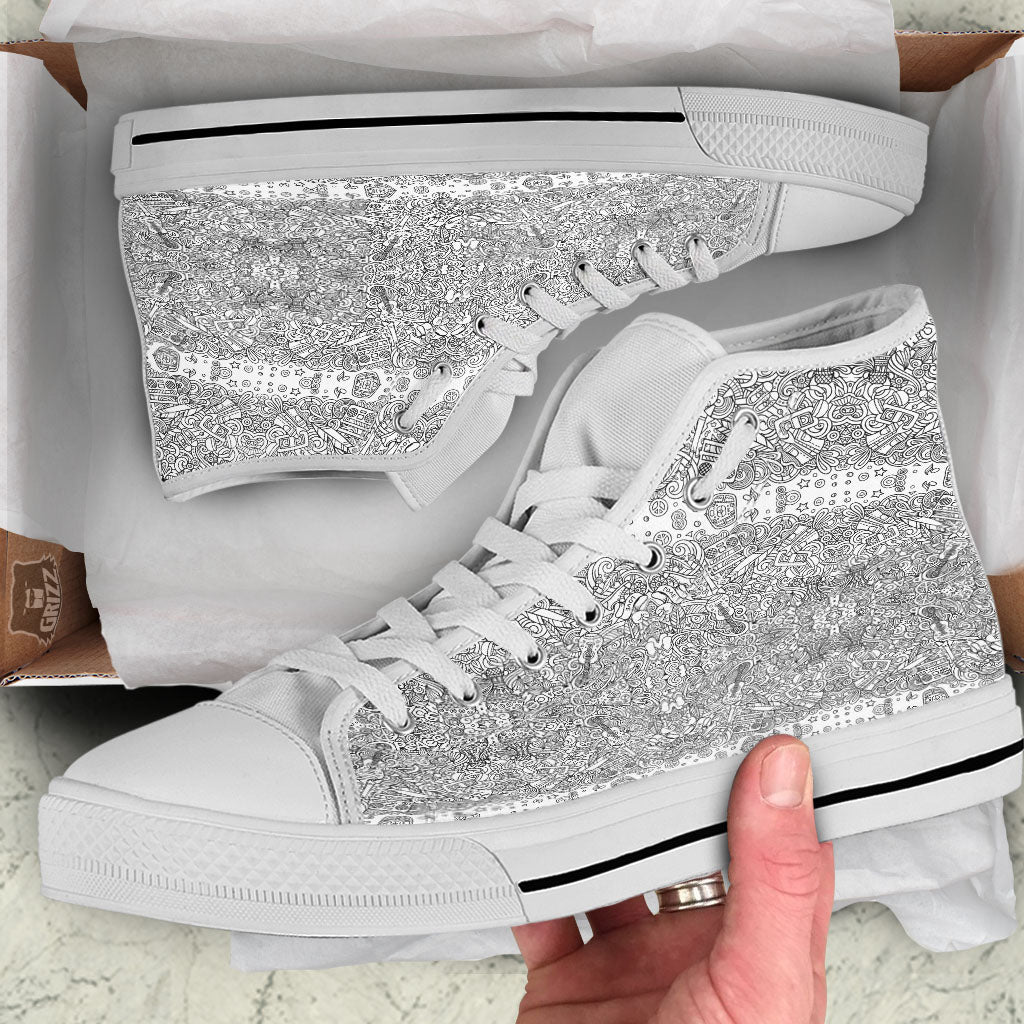 Hippie Graffiti Monochrome Print Pattern White High Top Shoes-grizzshop