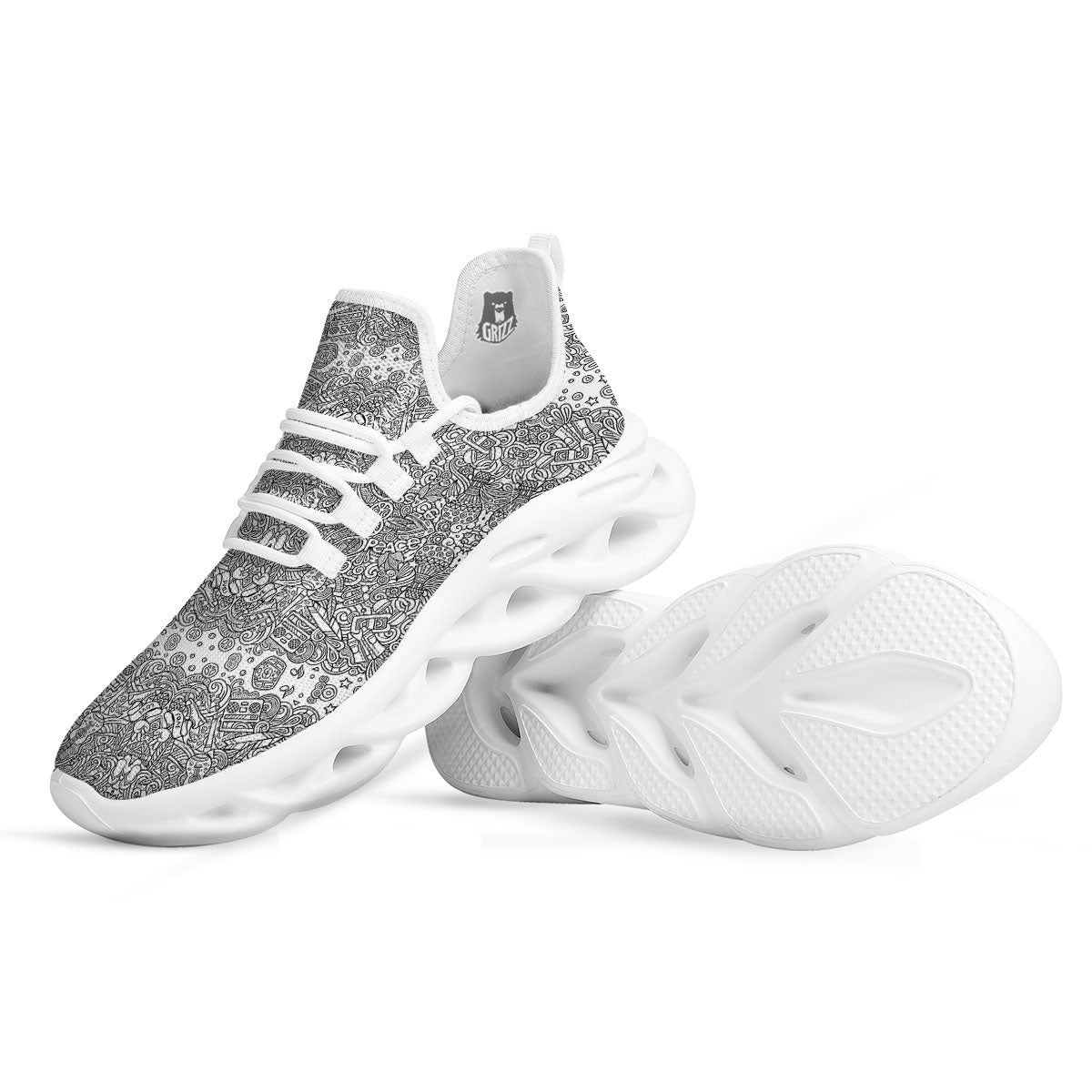 Hippie Graffiti Monochrome Print Pattern White Running Shoes-grizzshop