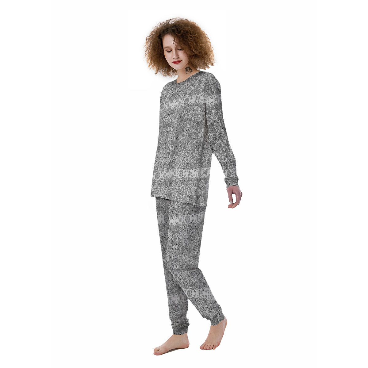 Hippie Graffiti Monochrome Print Pattern Women's Pajamas-grizzshop